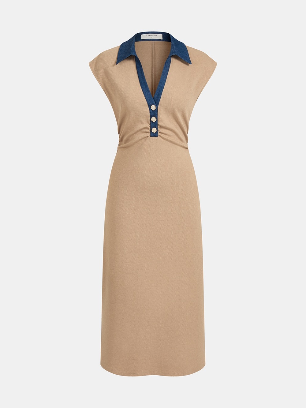 Commense Khaki Polo Midi Dress Denim Collar Button Front Utility Dress Size L